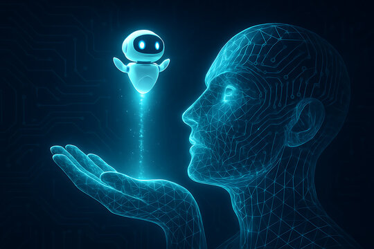 A side-view wireframe of a human head and hand holding a small, floating robot with bright eyes, illustrating the concept of technology and AI
