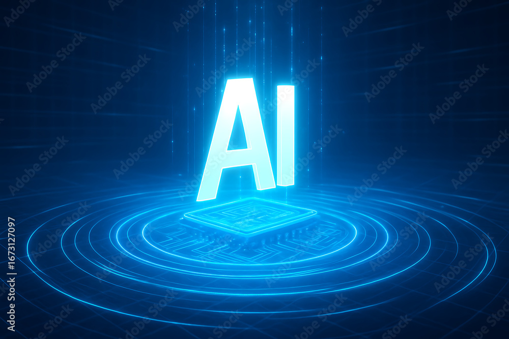 Poster a large glowing ai text symbol stands on a futuristic circuit board surrounded by bright blue light 