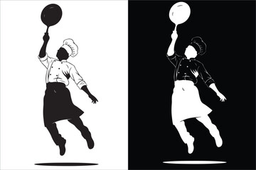 Dynamic Chef Jumping with Frying Pan in Black and White Contrast Graphic