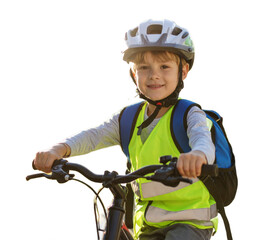 Smiling Boy on Bicycle Wearing Helmet and Safety Vest