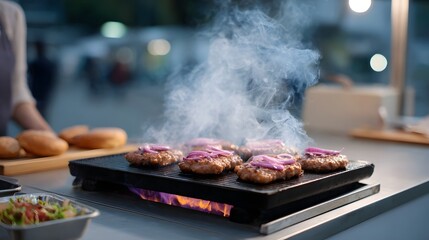 Sizzling street food stall glowing in the night
