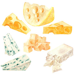 Watercolor set with different types of Cheeses
