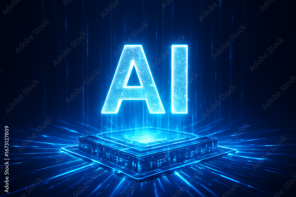 Poster a bright and vibrant glowing ai text symbol floats above a highly detailed futuristic computer chip,