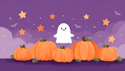 A happy ghost standing among pumpkins on a purple night