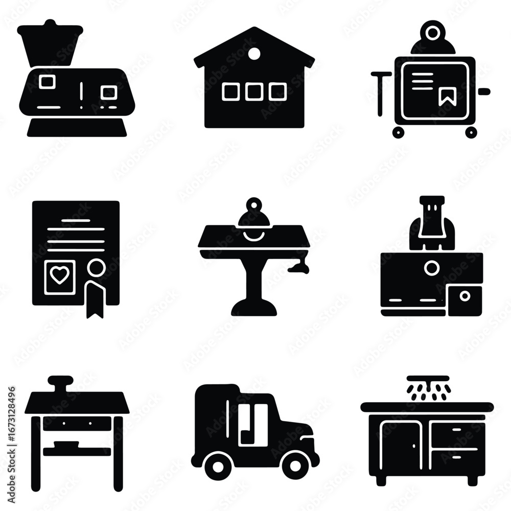 Poster collection of black silhouette icons representing different objects and concepts graphic elements an