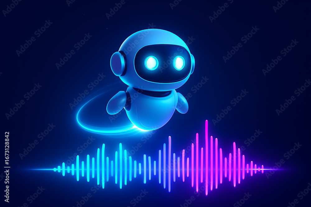 Poster cute stylized glowing robot assistant hovering over vibrant audio sound wave, representing modern ai