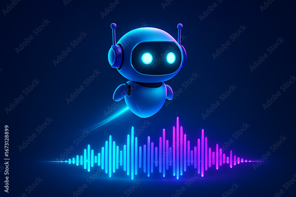 Poster cute stylized glowing robot assistant hovering over vibrant audio sound wave, representing modern ai