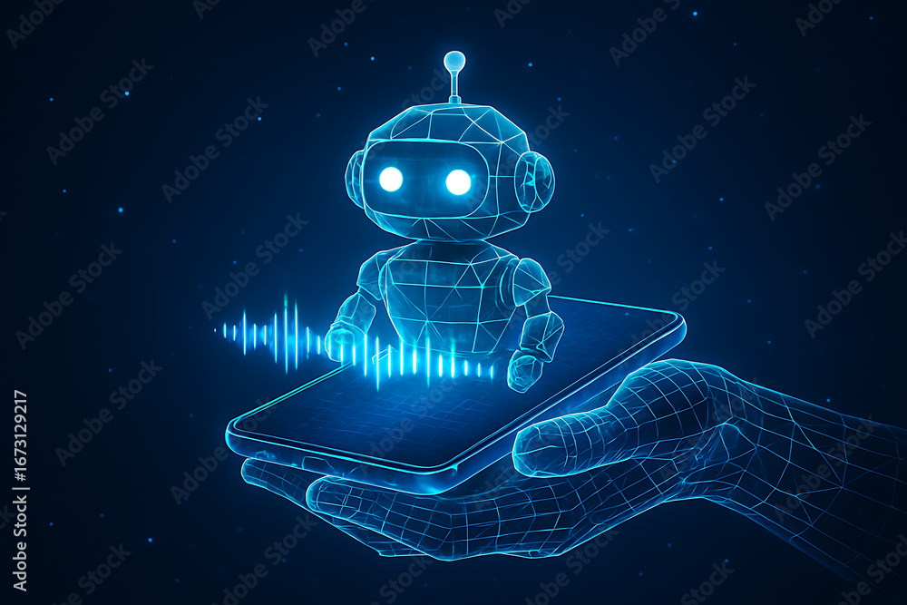 Poster hand holding smartphone with digital glowing chatbot robot assistant on screen with audio sound wave