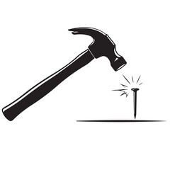 Hammer Striking Nail Black and White Icon