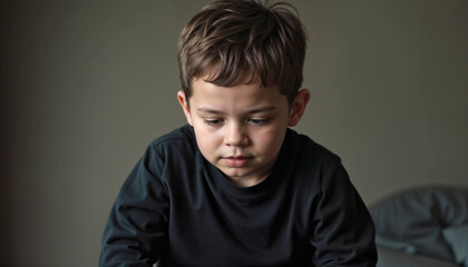 Young Boy Reflecting in a Minimalist Bedroom for Family Blogs, Emotional Support Websites, Parenting Articles, and Mental Health Awareness Content