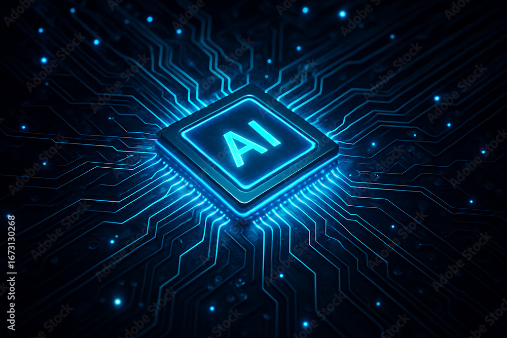 Poster close-up of a futuristic glowing artificial intelligence ai microchip on a motherboard circuit board