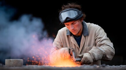 Skilled sculptor carving molten stone under fiery glow