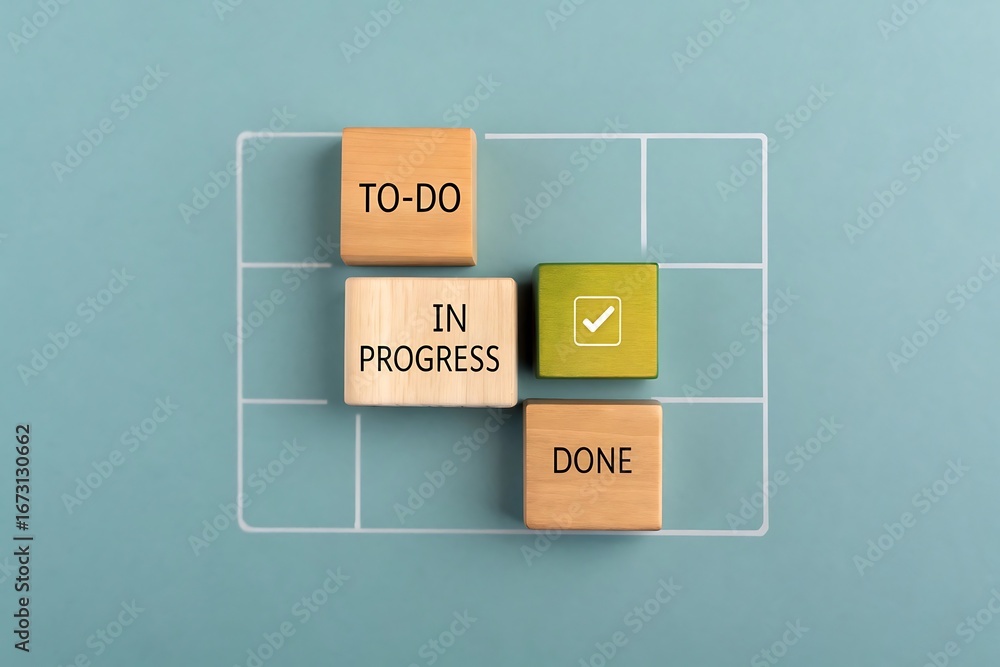 Fototapete wooden blocks with to- do in progress and done labels arranged on a grid to-do task