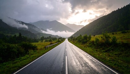 Naklejka premium Wet asphalt road vanishes into a misty mountain valley at sunset