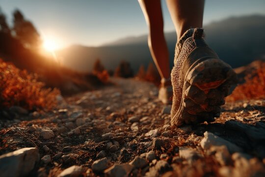 Close-up of hiking shoes on a rocky trail during sunset outdoors