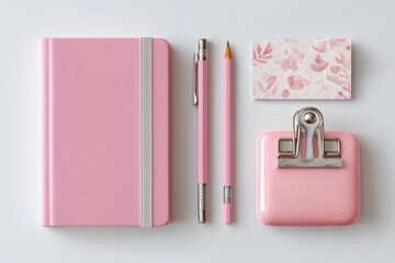Pink stationery set neatly arranged on a white background