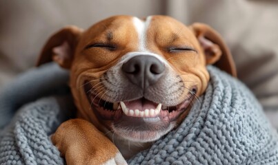 dog laughing as it is embraced by a human, highlighting the bond of affection and trust between pets and their owners. This heartwarming image captures a joyful, playful moment, Generative AI