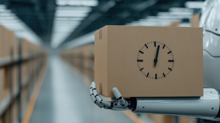 Time Management in Logistics Concept. A robotic arm holds a clock-embellished box in a warehouse, highlighting automation and efficiency in logistics and delivery.
