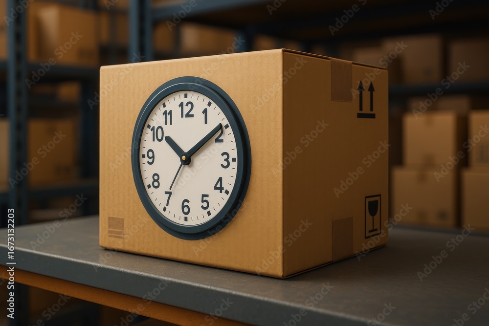Poster time management in logistics concept. a cardboard box with a clock on it, placed on a shelf among ot