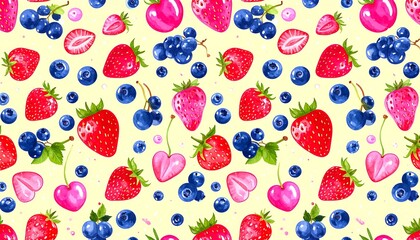 Vibrant mixed berries pattern featuring strawberries, blueberries, and cherries creating a