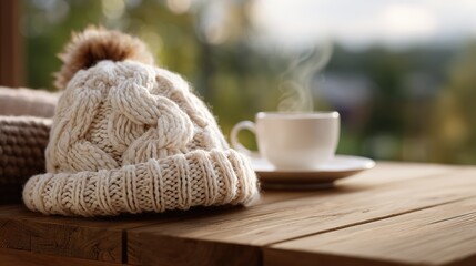 Knitted warm hat with  fluffy pom pom and  steaming cup of coffee on  wooden table
