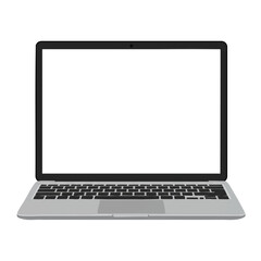 A minimalist 2D flat vector illustration depicts an open laptop with a blank screen, rendered in solid colors with clean lines, isolated on a crisp white background.