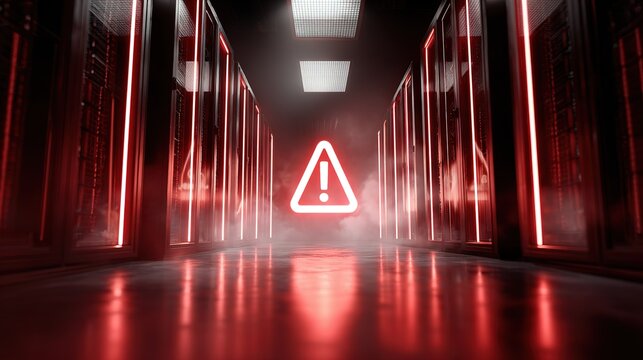 digital server room corridor with glowing red lights and  prominent white warning symbol conveying  sense of technological alert - Powered by Adobe