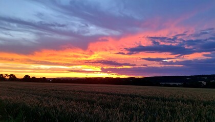 Obraz premium Vibrant Sunset Over a Rural Landscape with Dramatic Clouds.