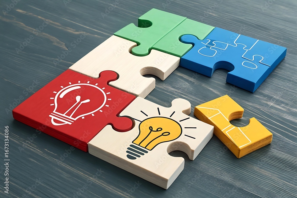 Aufkleber assembled puzzle pieces with light bulb icons and a pencil symbolizing creativity and problem solvin