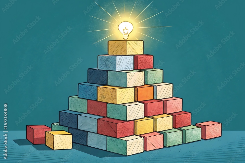 Aufkleber pyramid of colorful building blocks with a glowing light bulb at the apex signifying achievement and