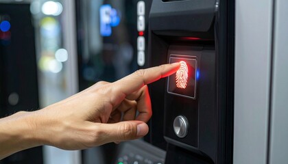 A Close Up Hand Using Biometric Fingerprint Scanner Activation with Red Light, Generated with AI.