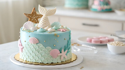 Colorful mermaid-themed cake with decorations on marble countertop  