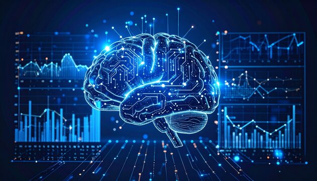 A Digital brain with circuitry and data analytics graphs representing, Generated with AI.