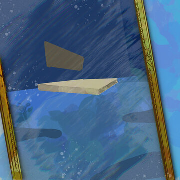 Surreal Abstract Composition with Floating Shapes and Frame