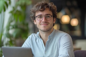 Portrait of young man in glasses sitting at a desk in the office and working on a laptop, looking and smiling at the camera, Generative AI