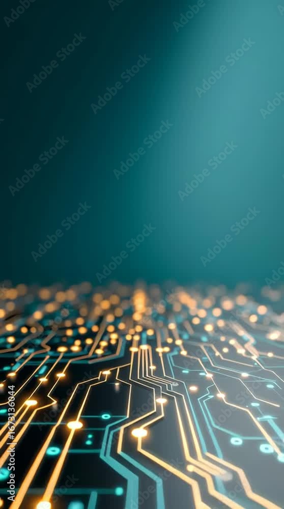 Poster a close-up, low-angle view of a glowing circuit board with a futuristic design, representing technol
