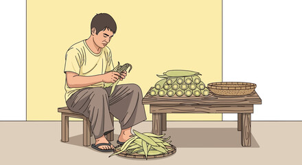 Fototapeta premium Man Processing Freshly Harvested Corn to Prepare Food on Wooden Table With Basket