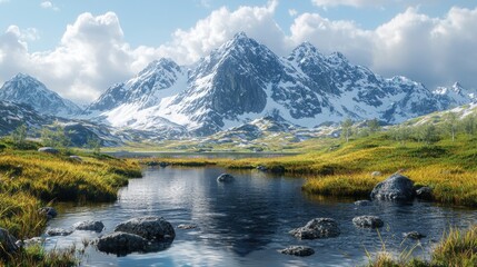 Snow Capped Mountains Reflecting in a Calm Lake