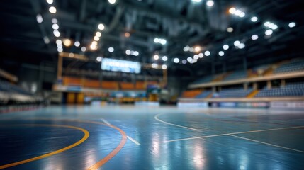 Stunning photo of blurred background of a futsal arena with an empty court and seating area. The image captures the indoor sports facility, highlighting the court markings and.