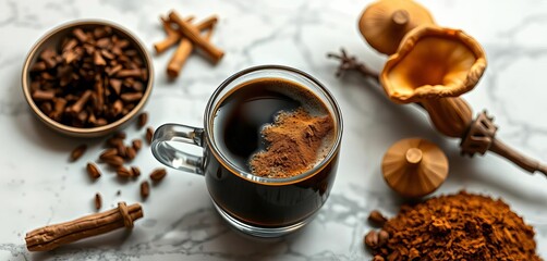 Aromatic coffee with chaga, reishi, and lion's mane mushroom powder sits on a marble table, fungi, mushroom