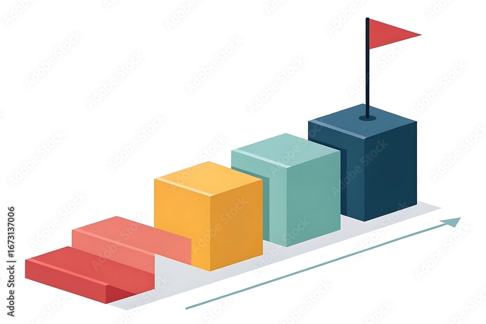 Poster isometric staircase made of colorful blocks leading to a red flag on a pole cubes steps