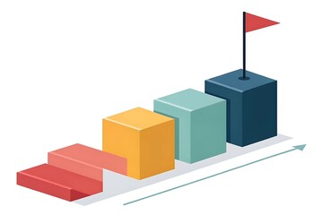 Fototapeta premium Isometric Staircase Made of Colorful Blocks Leading to a Red Flag on a Pole cubes steps