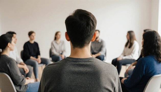 Rear view of a man in a group therapy session, fostering connection and support