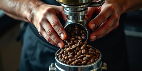 Dark apron-clad hands expertly grind aromatic coffee beans using a manual grinder for espresso,  dark,  texture