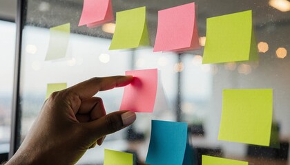 Hand placing a vibrant pink sticky note on a glass board, symbolizing collaborative brainstorming and strategic project planning.