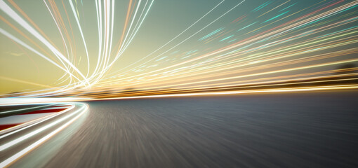 3d rendering speeding on a racetrack with motion blur and light trails at sunset