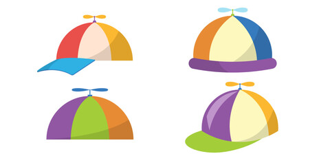 Collection of vibrant propeller cap icons set vector illustration playful hat assortment colorful whimsical styles fun headwear isolated design graphic element childhood accessory background