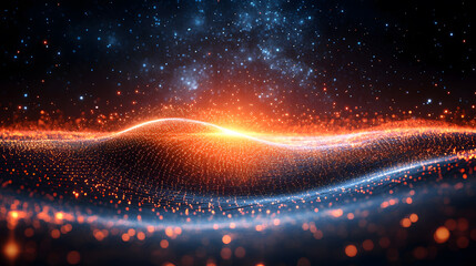 Abstract digital landscape with glowing orange particles forming wavy pattern in dark space,Abstract Starry Landscape with Glowing Waves