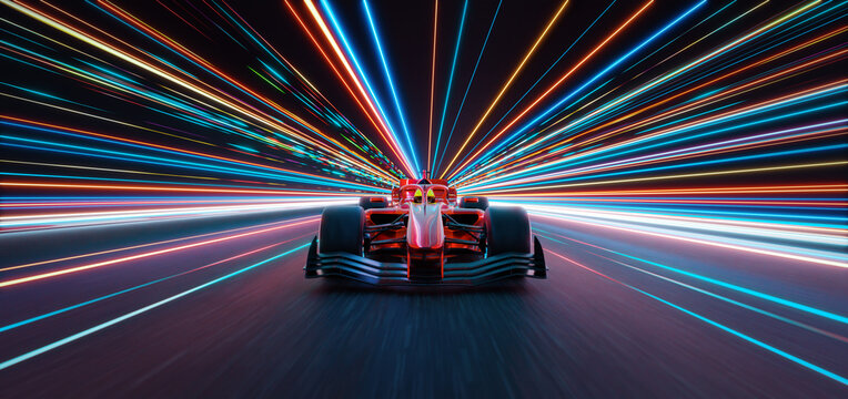 3d rendering red racing car speeding on futuristic highway with light trails