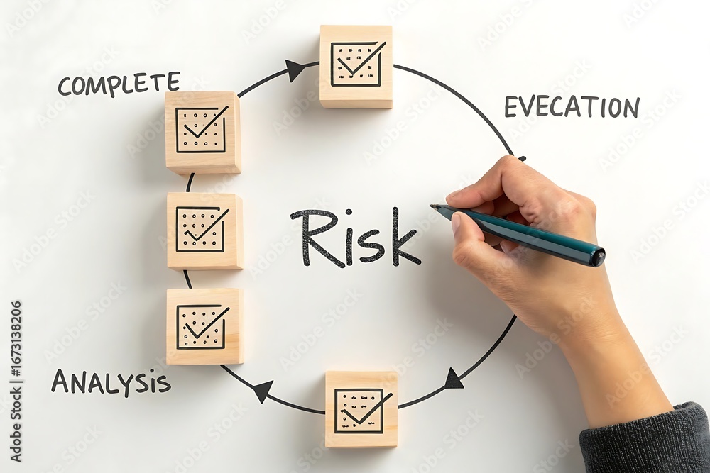 Aufkleber risk management cycle with checklist blocks and hand writing on whiteboard process workflow